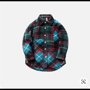 Kith Mixed Plaid Ginza Shirt Teal Dark Green Long Sleeve Button Front Kids Sz 12